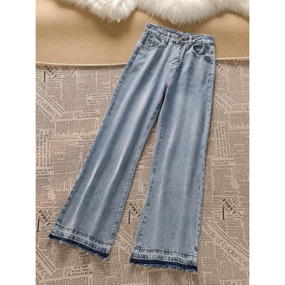 Biru muda Rawis Denim Highwaist Loose Celana Jeans Wanita korea