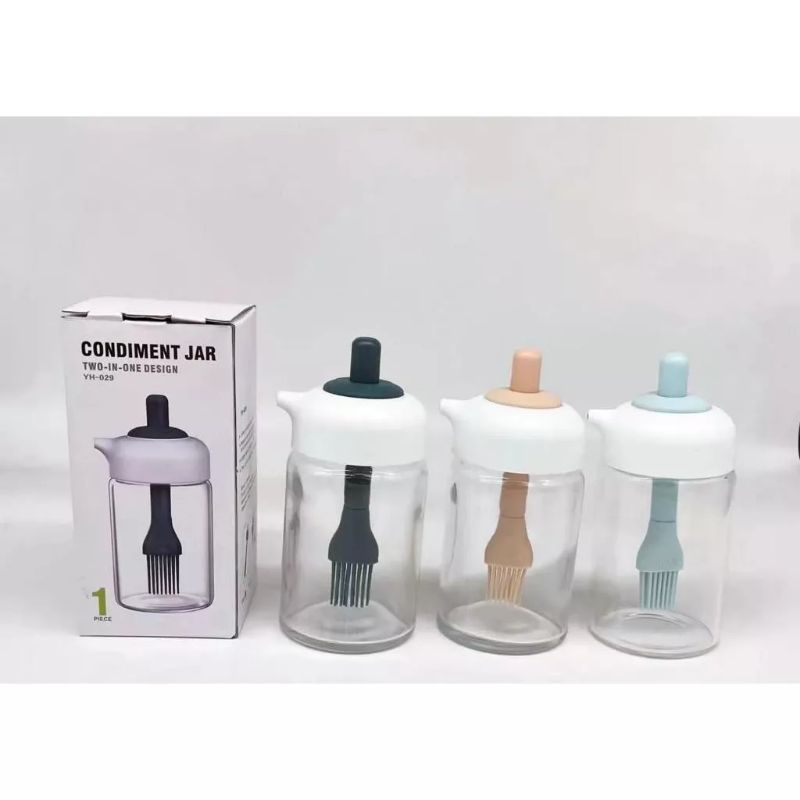 Botol Minyak Kaca Dengan Kuas Bumbu Dapur 2 in 1 / Toples Botol Kaca Tempat Minyak Dengan Kuas / Condiment Jar 2 In 1