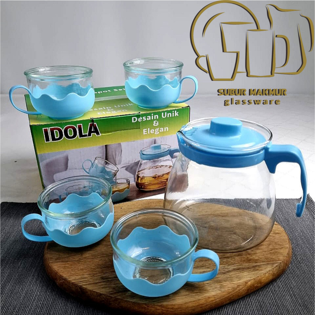 [1 Set] Tea Pot Set Kaca 5 in 1. Gift Set Cangkir 4 Pcs &amp; 1 Pcs Teko Jug