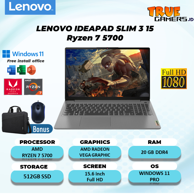 Laptop Lenovo Ideapad Slim 3 15 RYZEN 7 5700 20GB 512GB VEGA8 Win11PRO 15.6FHD