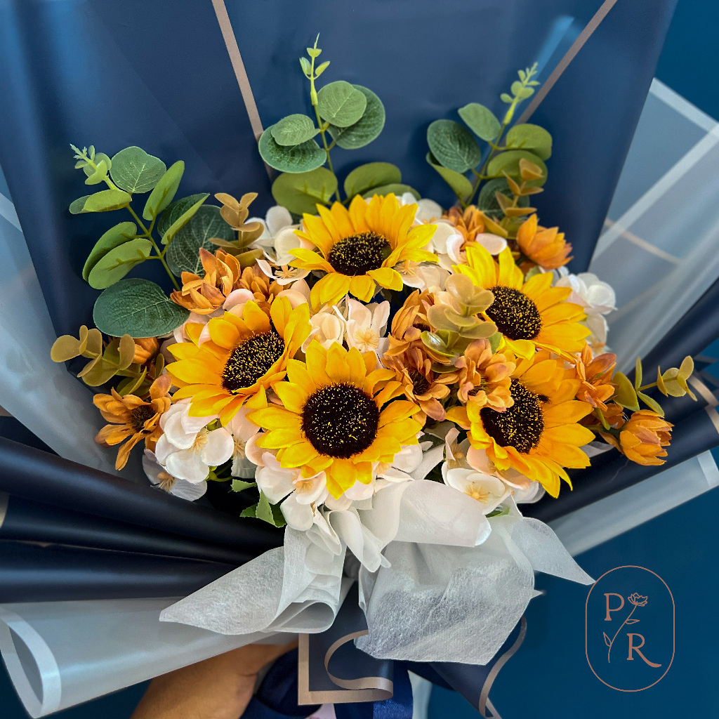 PAPERUSH.ID [JRA02] Buket Bunga Sun Flower Artificial Navy Kuning / Kado Hadiah Wisuda Lamaran Ulang Tahun Sun Flower