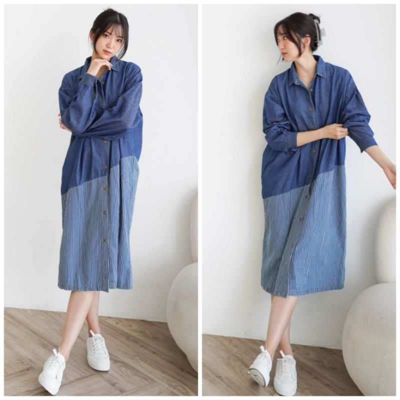 ♡ PREMIUM ♡ ORIGINAL ! VRENIES DENIM BIG SIZE LONG SLEEVE COLLAR BUTTON PLAIN COMBINATION WITH STRIPE JEANS MIDI LOOSE DRESS ( BUSUI &amp; BUMIL FRIENDLY)
