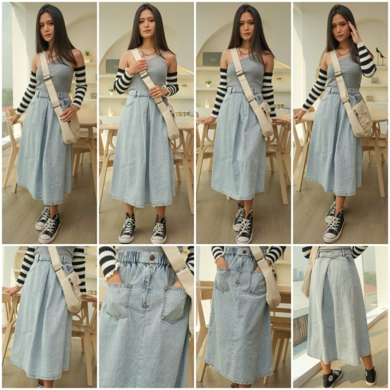 ♡ PREMIUM ♡ ORIGINAL ! TRESSA 2 WAYS DENIM [ SIZE M &amp; L ] MIDI JEANS SKIRT ( BISA PAKAI BOLAK BALIK )