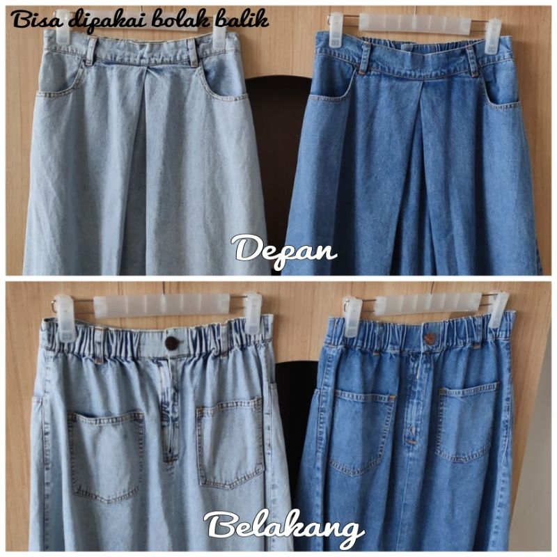 ♡ PREMIUM ♡ ORIGINAL ! TRESSA 2 WAYS DENIM [ SIZE M &amp; L ] MIDI JEANS SKIRT ( BISA PAKAI BOLAK BALIK )