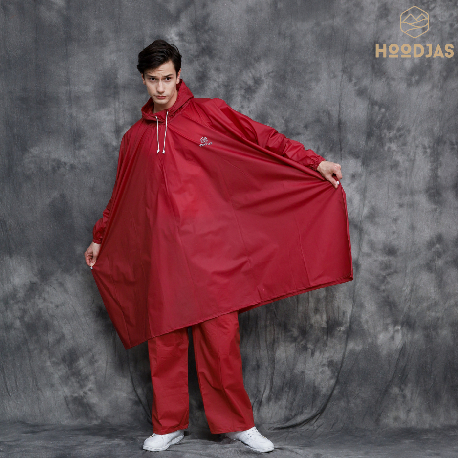 HOODJAS RAINCOAT JAS HUJAN PONCO LENGAN KELELAWAR DEWASA PRIA WANITA BAHAN PVC ANTI REMBES WARNA MERAH