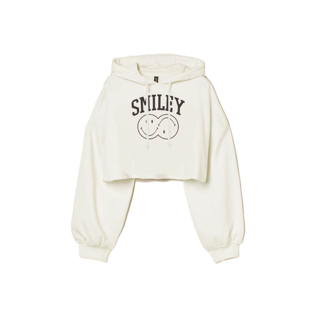 Crop Sweater H&amp;M SMILEY Broken White Hoodie Crop Wanita Soft Cream