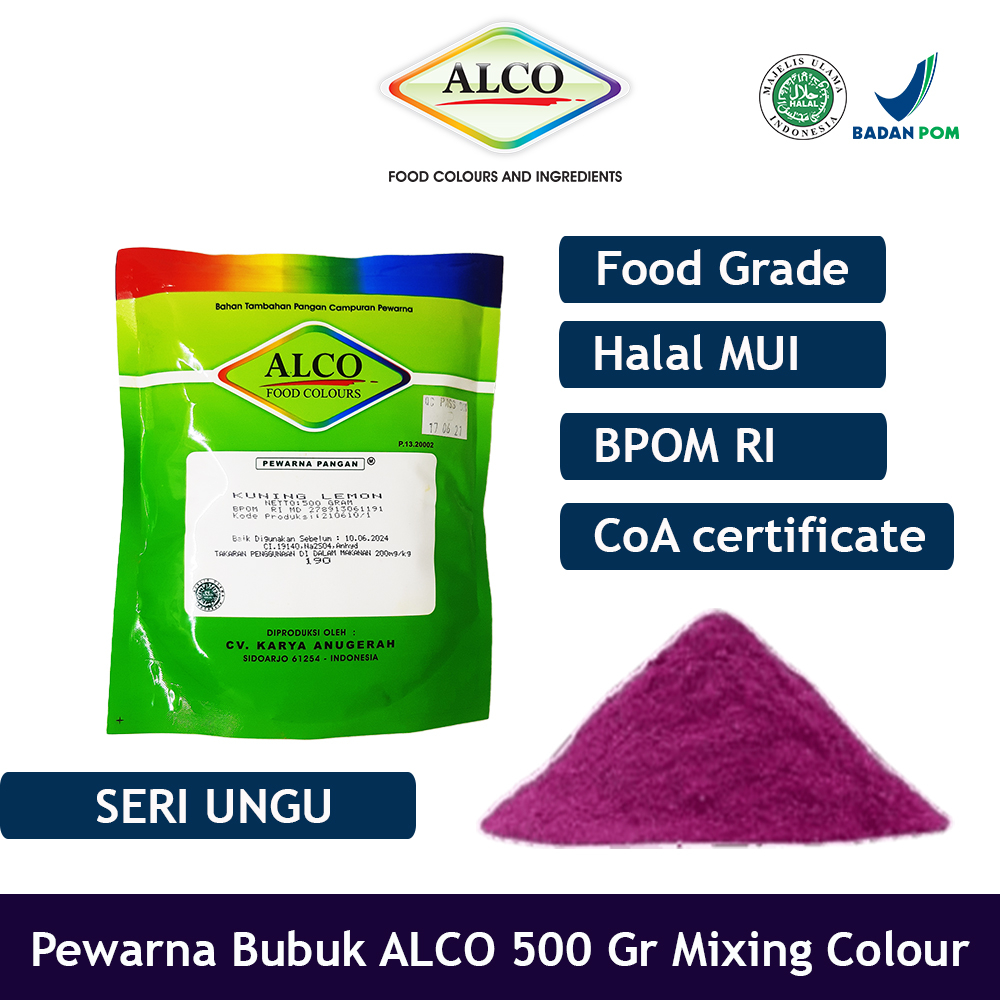 

Pewarna Makanan Kue Bubuk ALCO 500 gr Mixing Colour Warna Ungu