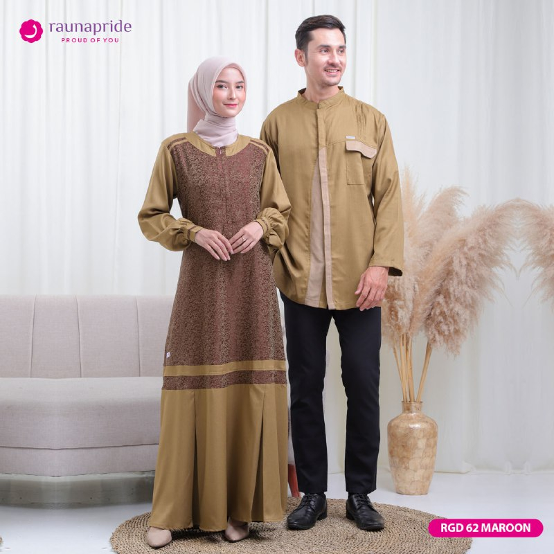 Rauna-RKK 62 RGD 62 Brown Maroon Jacquard Cotton Gaza Gamis Koko Couple Dewasa Ibu Ayah Lengan Panja
