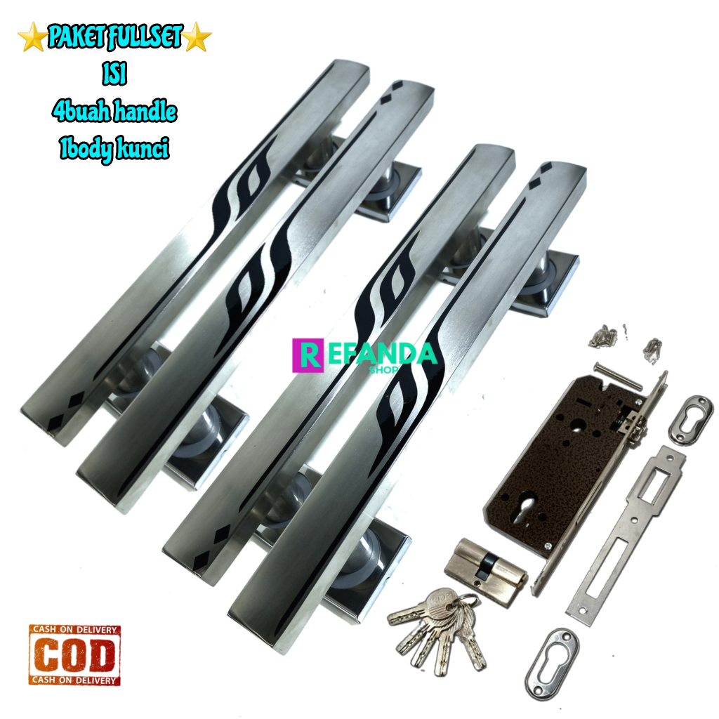 paket 4buah gagang handle pintu dan fullset lock body kunci untuk pintu depan model kupu tarung daun