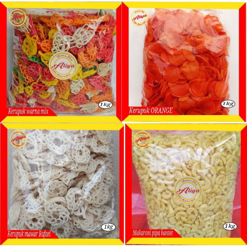 

Makaroni pipa BANTET MENTAH / Kerupuk WARNA MIX / ORANGE / KERUPUK MAWAR RAFAEL (1kg). Makaroni Tidak mengembang, untuk toping Seblak, bahan camilan dll