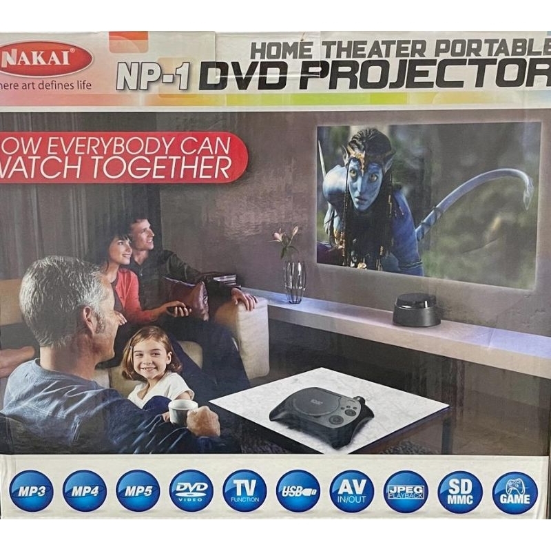 HOME THEATER PORTABLE NAKAI NP1 NP 1 DVD PROJECTOR PLAYER AV IN SD MMC MEMORY CARD USB INPUT BIOSKOP