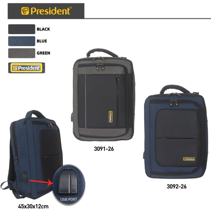 Tas Ransel Laptop PRESIDENT Original Bergaransi | Backpack 3in1 3091 3092