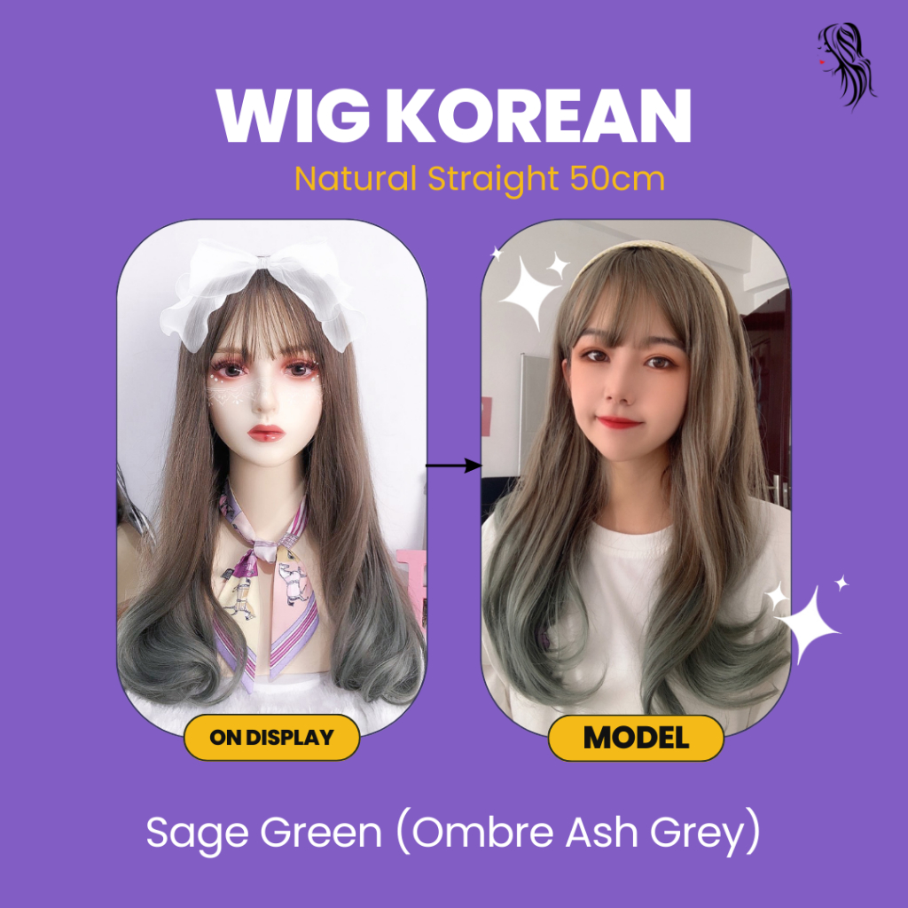 Shopee Racun Wig Ash ombre brown green Smooth Straight rambut palsu wanita wig cosplay daily