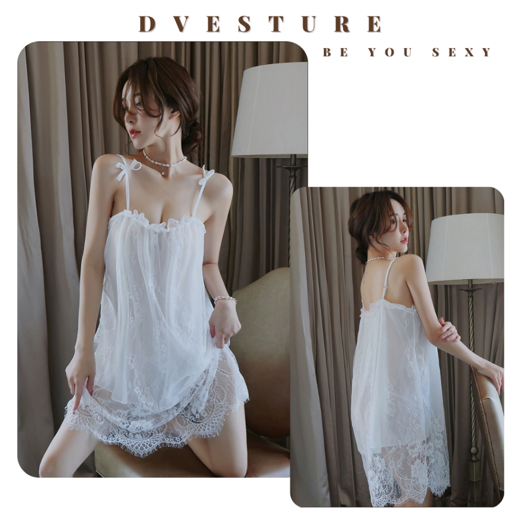 Lingerie Seksi Set D-111 All Size / Big Size Double Layer Polyester Blend Lace Daster Pakaian Dalam Baju Tidur Wanita Dewasa Seksi Baju Dinas Malam Panjang Import-Putih