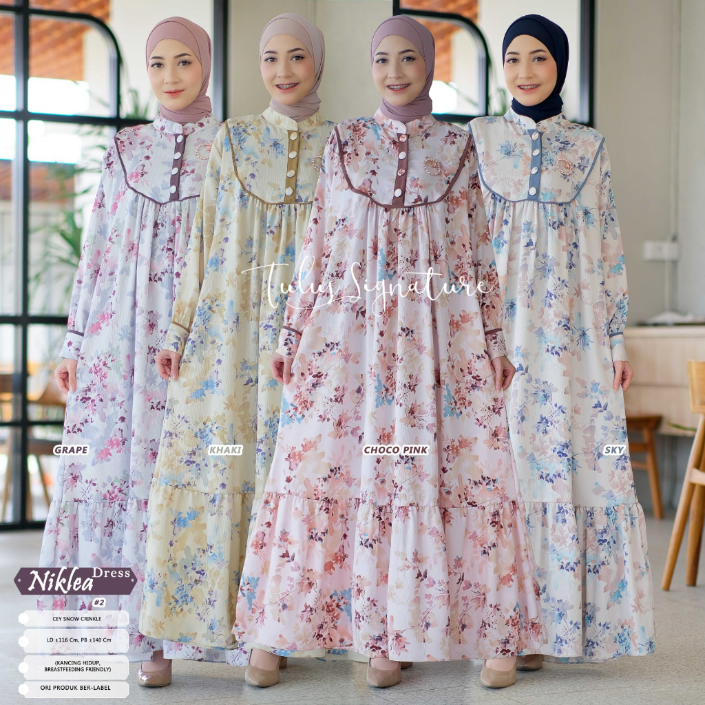 Baju Wanita Kekinian Dress Kondangan Korea Wanita Crinkle Muslim Maxi Dress Motif Bunga / NIKLEA