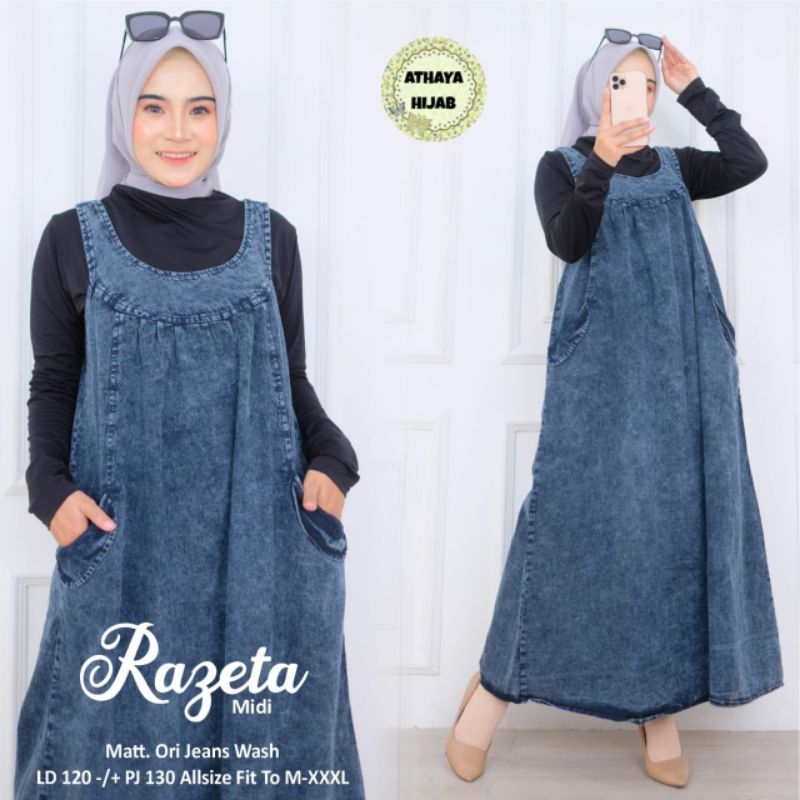 Midi Dress Overall Wanita Jumbo Jeans Wash LD 120 Razeta Midi & Deena Overall By Athaya Hijab