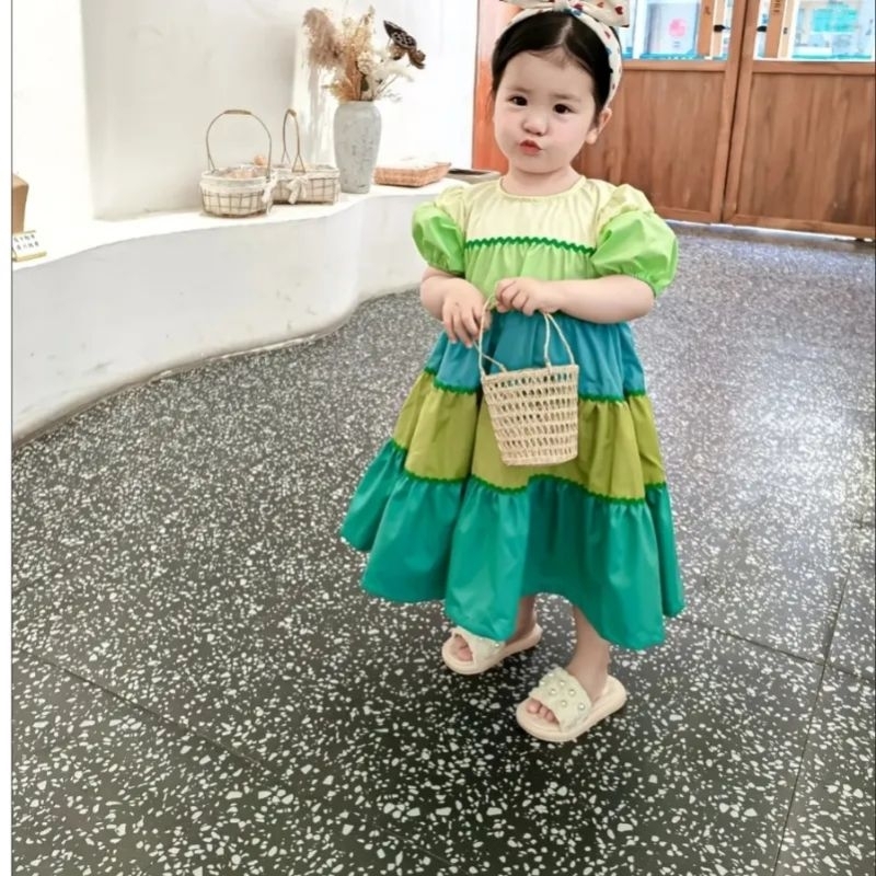 Pakaian Anak Perempuan Gaun Pesta Musim Panas Warna Hijau Bergaris Remaja
