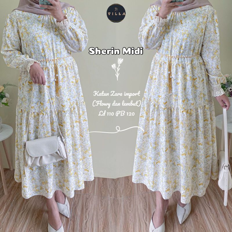 Baju wanita gamis sherin midi dress bahan katun motif bunga by villa