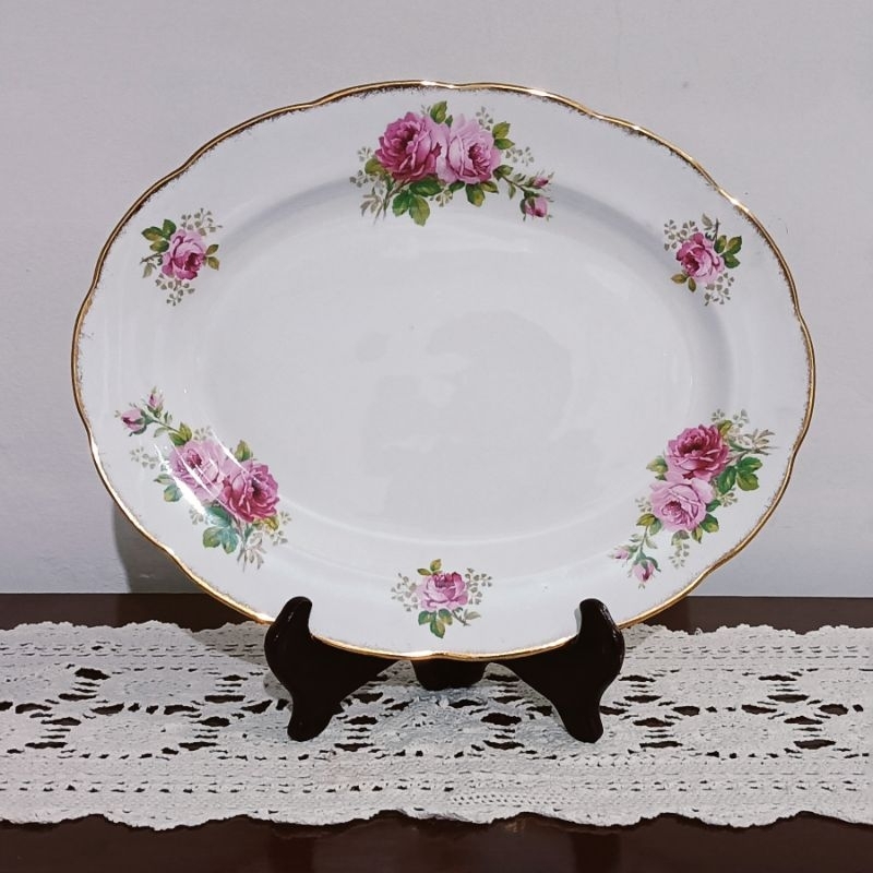 Royal Albert American Beauty Piring Oval Lodor Platter Porselen Keramik Bunga Mawar Pink Aksesoris R