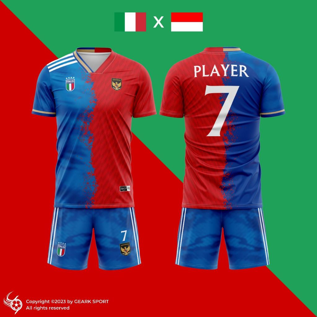 BAJU JERSEY SEPAK BOLA / FUTSAL TERBARU MOTIF ITALIA X INDONESIA FULL PRINTING FREE NAMA DAN NOMOR PUNGGUNG TERLARIS