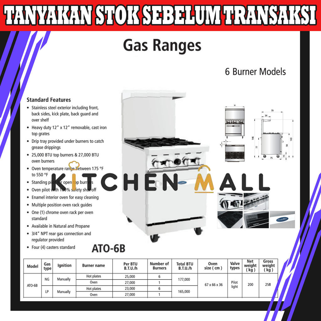 COOKRITE ATO 6B Gas Open Burner Kompor Komersial 6 Burner With Oven