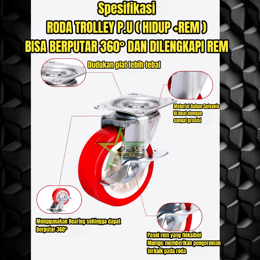 RODA TROLI PU MERAH 3 INCHI | MATI | HIDUP | HIDUP + REM