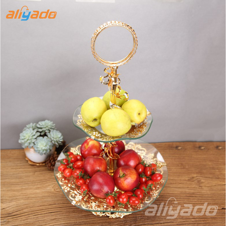 ✅Aman✅Nampan Estetik Mewah Ornamental Fruit Plate Golden Dining Room Dessert Fruit 4/2/1 Lantai Wedding Home Jewelry Display Piring dan Nampan Modern Camilan Permen kue Mangkuk Makanan bagus