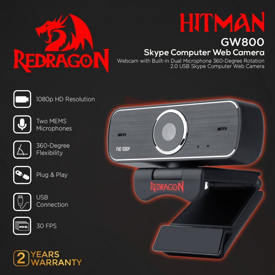 Redragon GW800 1080P Webcam Hitam dengan Mikrofon Dual dan Kamera Optik Fix-Focus