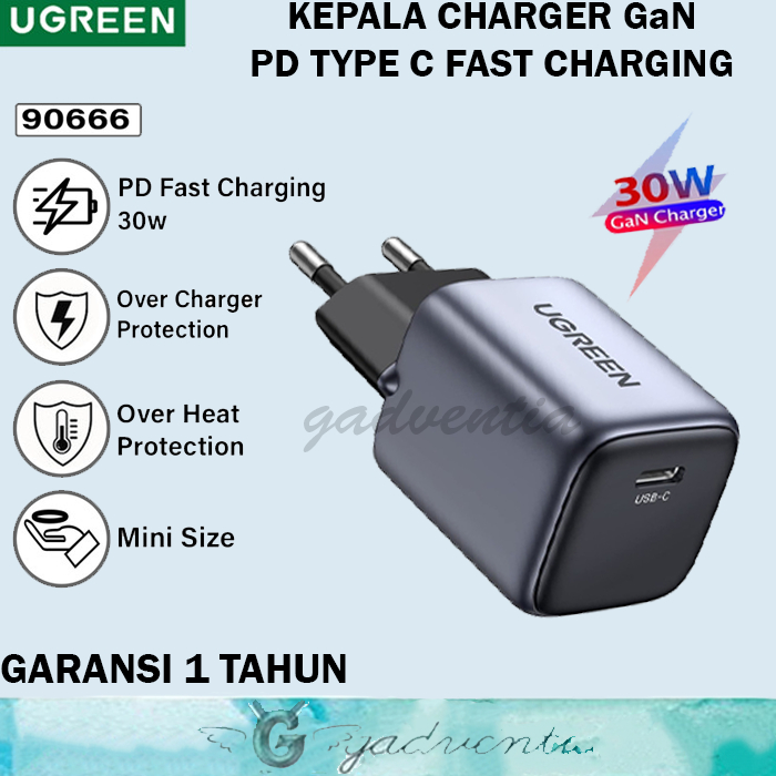 Ugreen Nexode Kepala Adaptor Charger GaN Fast Charging 20W 30W 45W 65W 100W 140W 200W Laptop Handphone Iphone Android-30W GREY