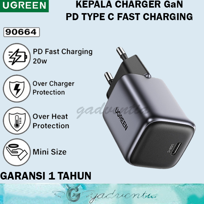 Ugreen Nexode Kepala Adaptor Charger GaN Fast Charging 20W 30W 45W 65W 100W 140W 200W Laptop Handphone Iphone Android-20W GREY