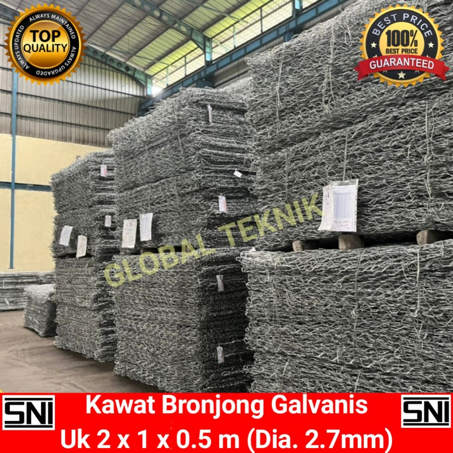 Bronjong Kawat Galvanis Gabion 2 x 1 x 0.5, Dia, Kawat 2.7mm (8x10)