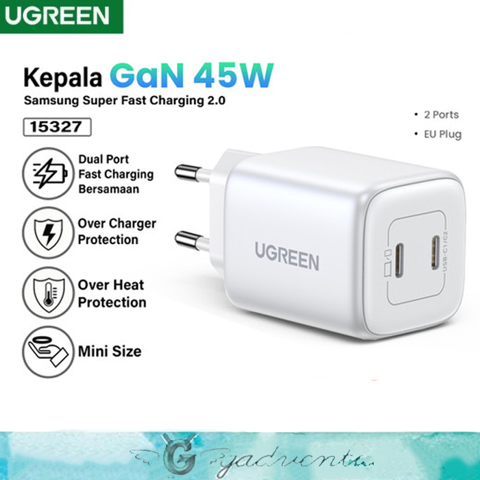 Ugreen Nexode Kepala Adaptor Charger GaN Fast Charging 20W 30W 45W 65W 100W 140W 200W Laptop Handphone Iphone Android-45W WHITE
