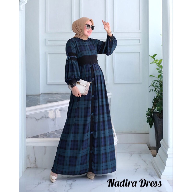 gamis dress nadira motif printing kotak ceruty babydoll premium cantik keren mewah pesta kondangan s