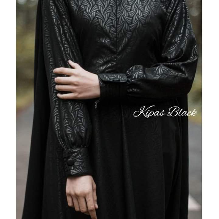 (Hermosa)Gamis hermosa embos-gamis hermosa hitam motif kipas hermosa-gamis hitam pekat-gamis syari