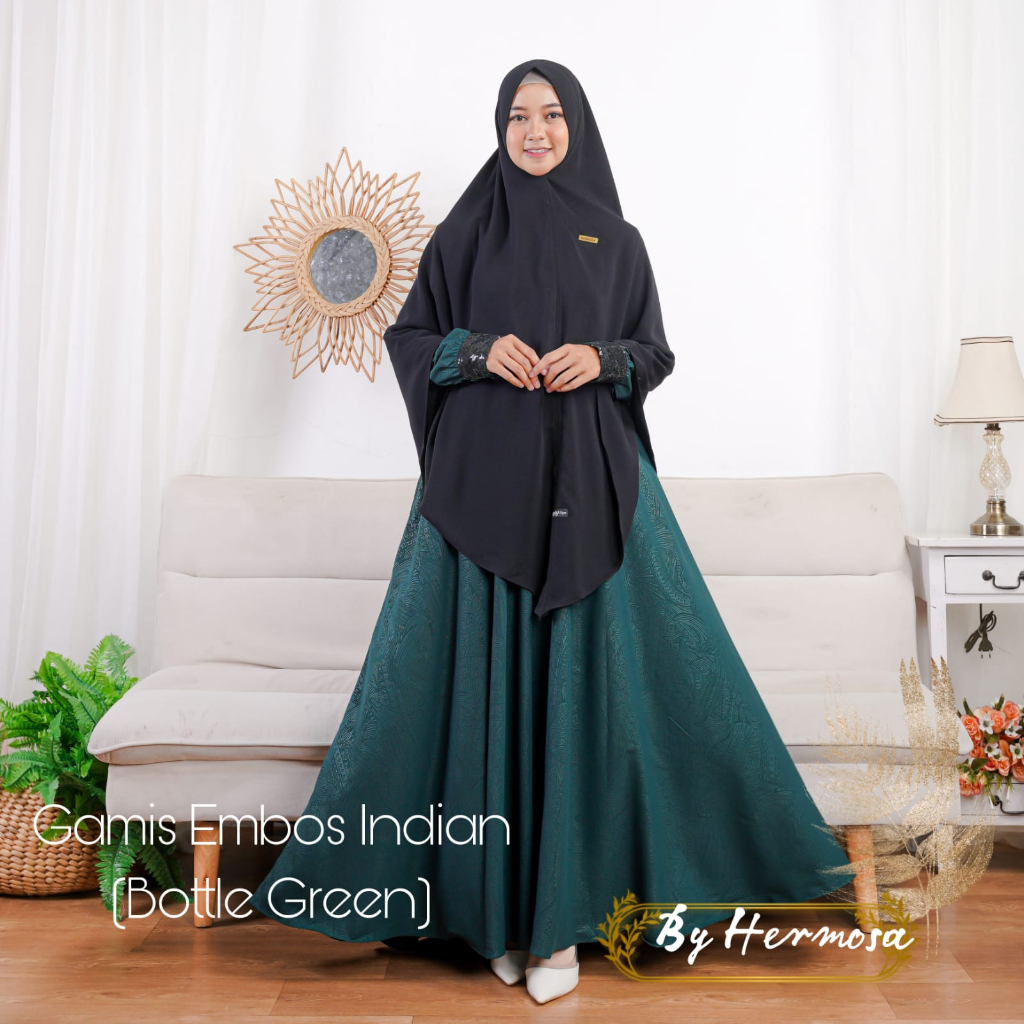 (Hermosa) Gamis hermosa embos motif Indian warna hijau botol,ungu,marun,hitam,army,navy,cokelat tua