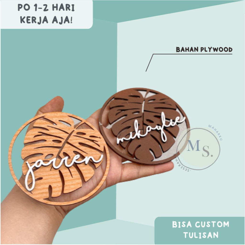 READY 1-2 HARI KERJA DEKORASI INITIAL NAMA DAUN MONSTERA hiasan kayu wooden sign aesthetic kekinian 