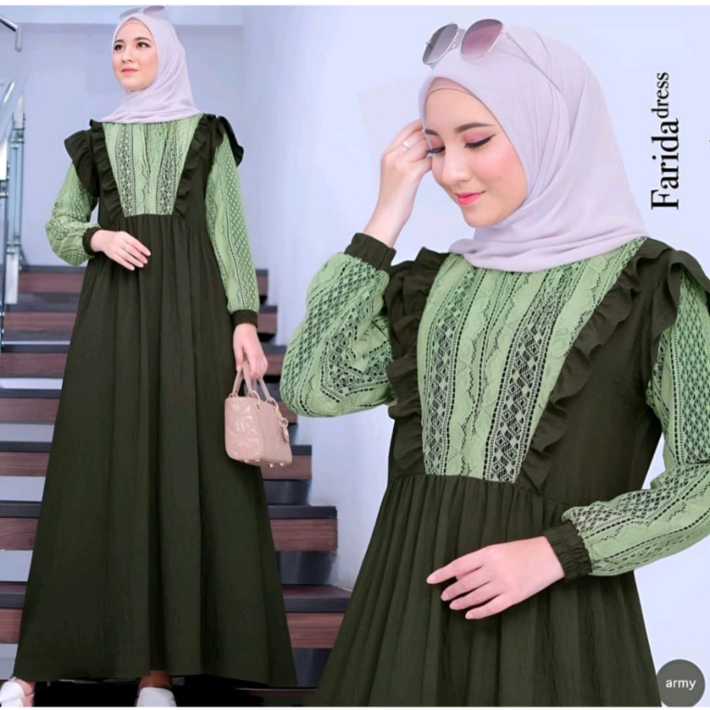 Official Farida Dress/Gamis Brukat Malika Crinkle Airflow/Gaun Maxy Muslim/Gamis Lebaran/M L