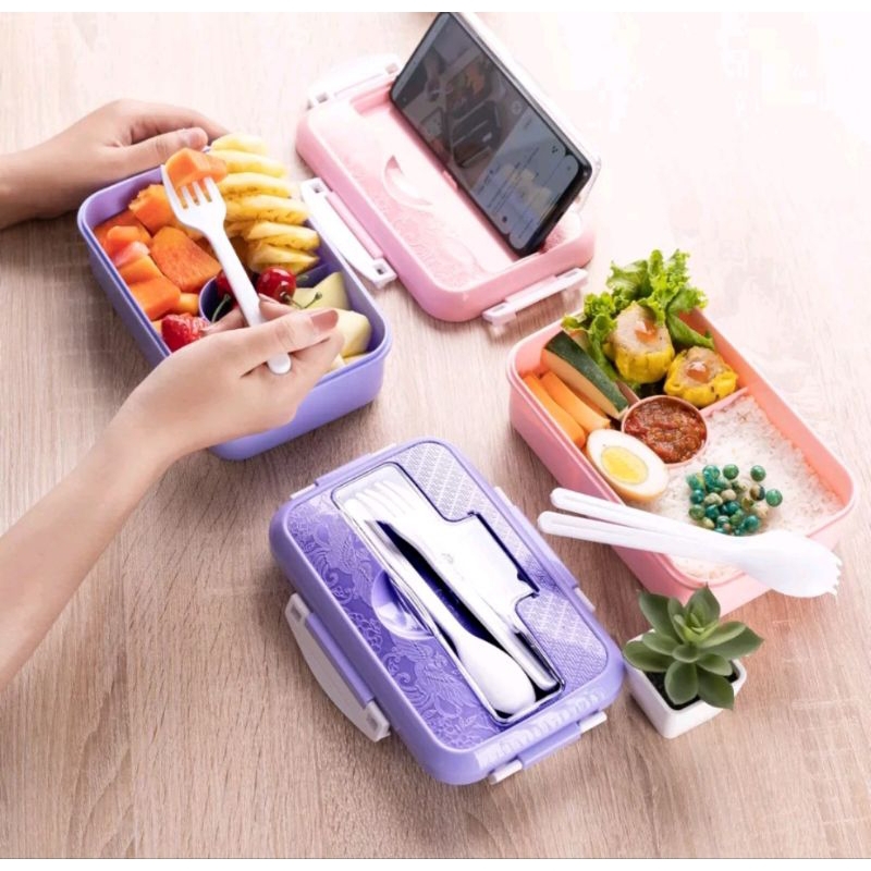 LUNCH BOX 4 IN 1 + SENDOK GARPU - WADAH KOTAK TEMPAT BEKAL PENYIMPANAN MAKANAN NASI FOOD TEPAK SIMPA