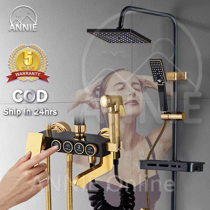 REAIM Shower Kamar Mandi 4 Dalam 1 Set Keran Double Black Gold Kuningan Original Shower Dengan Faucet Sprayer Faucet Panas Dan Dingin Set Kamar Mandi Besi Tahan Karat Emas Hitam