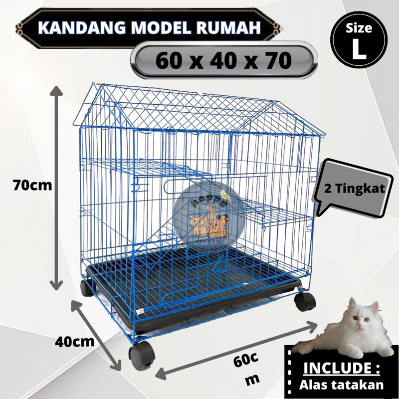 Kandang Kucing Model Rumah 60x40x70 2 Tingkat + Roda/  Kandang Rumah Size L/ Kandang Besi Lipat/ Kan