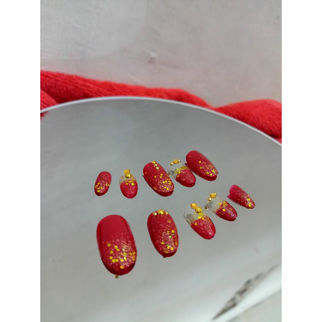 [14 Pcs/Set] Red Gold Fake Nails / Kuku Palsu Merah Emas / Sexy Red Fakenails / Press on Nails / Nai