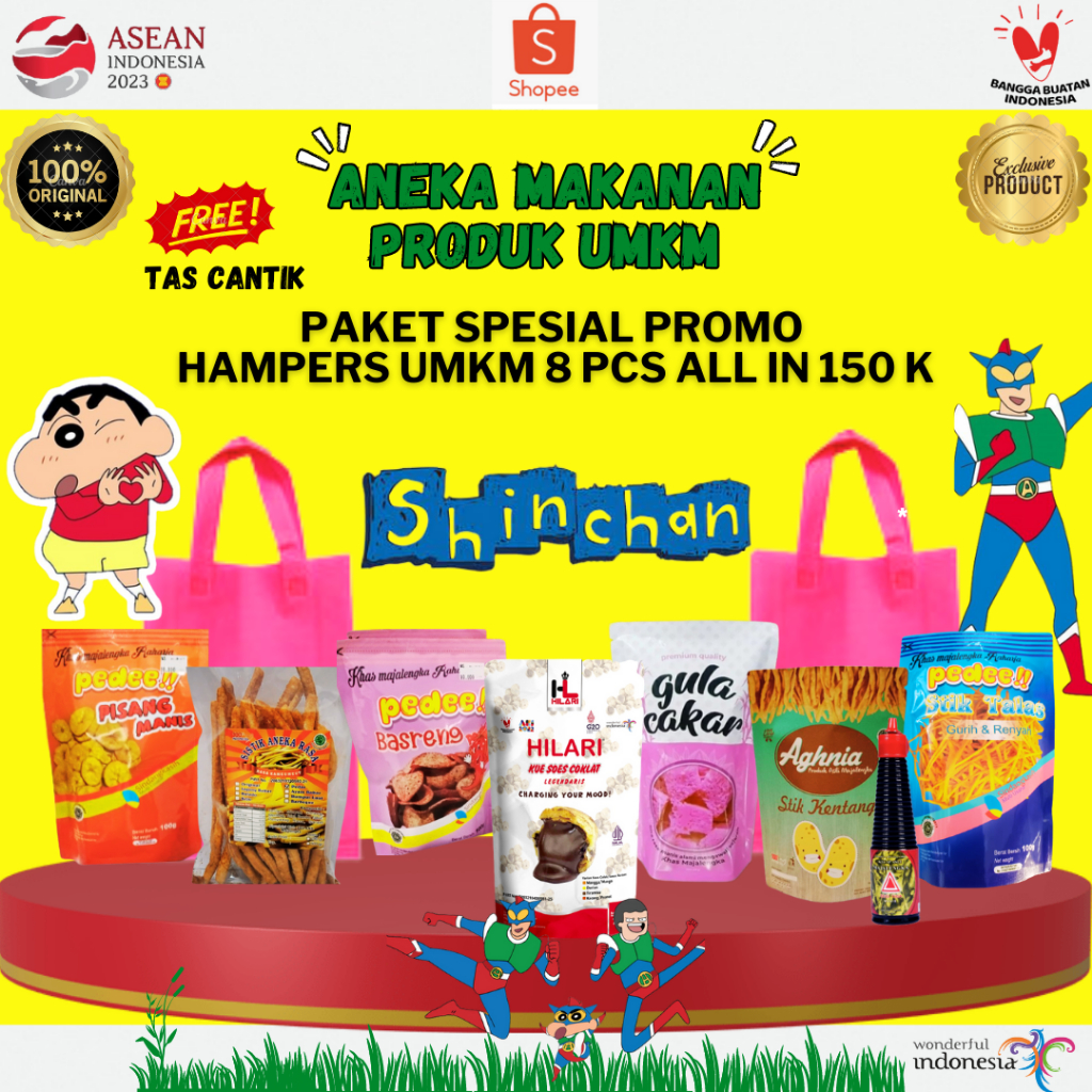 

PAKET 14 MAKANAN SPESIAL PROMO HAMPERS UMKM ALL IN 150 K FREE TAS CANTIK