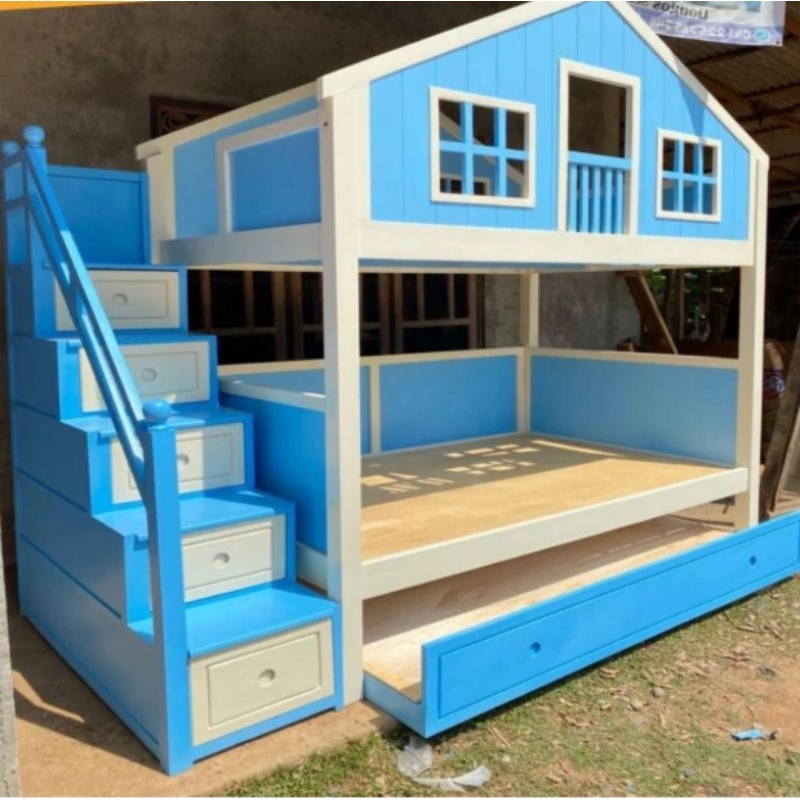 Tempat tidur anak tingkat tangga lemari bunk bed susun double sorong
