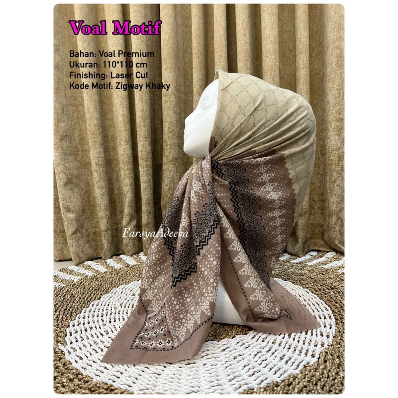Hijab Segi Empat Voal Motif Zigway Warna Khaki Cokelat Jilbab Terbaruo