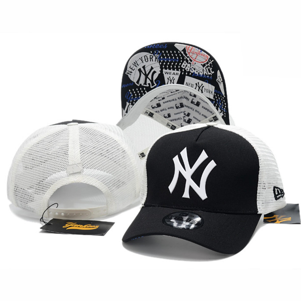 Topi Jaring Trucker NY New York Baseball Cap Hitam Putih Visor