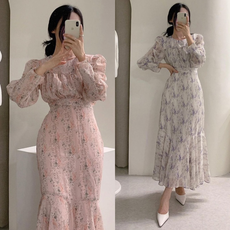 Nadine Dress Floral Korean Summer Hijab Long Sweet Holiday Pantai Pink White Pastel Flower Vacation 