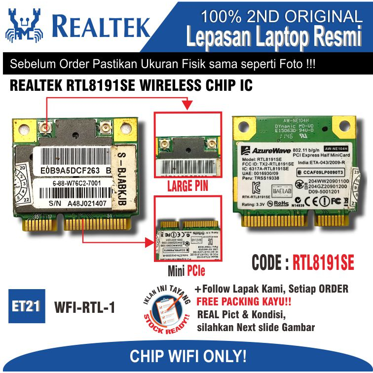 ET21 WFI-RTL-1 Internal WiFi Card WiFi Chip Laptop Notebook Netbook REALTEK RTL8191SE WIRELESS CHIP 