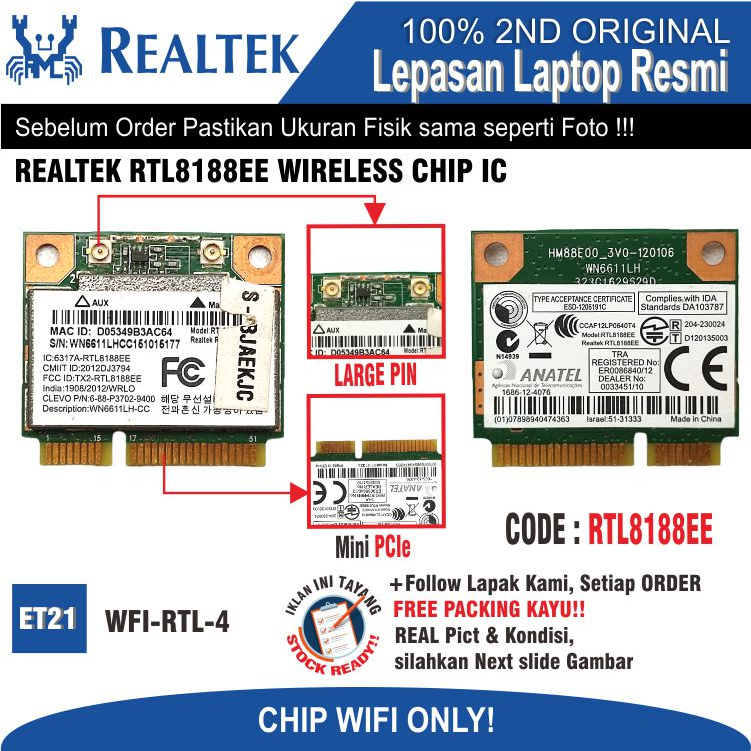 ET21 WFI-RTL-4 Internal WiFi Card WiFi Chip Laptop Notebook Netbook REALTEK RTL8188EE WIRELESS CHIP 