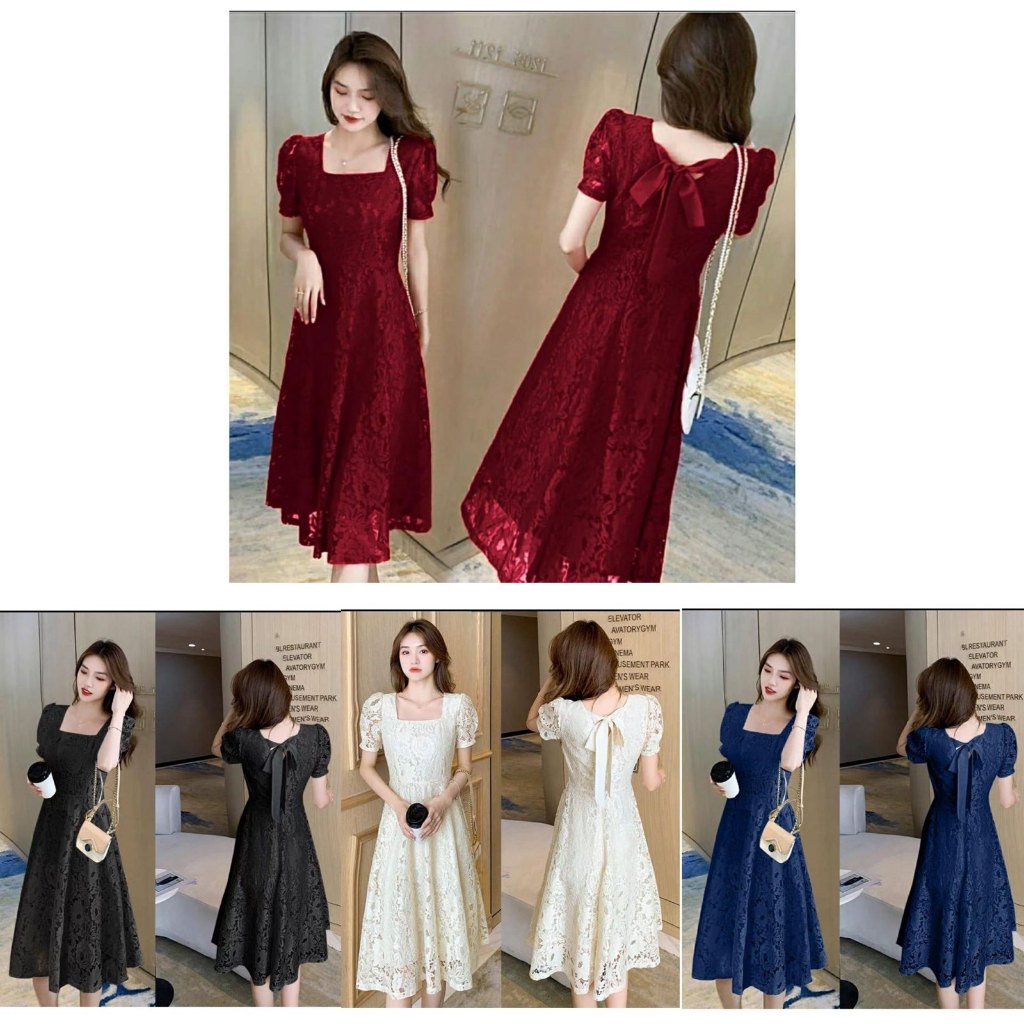 Baju Kondangan Wanita Kekinian Hitam Merah Putih Polos Brokat Mewah Premium Dress Brukat Pesta Murah