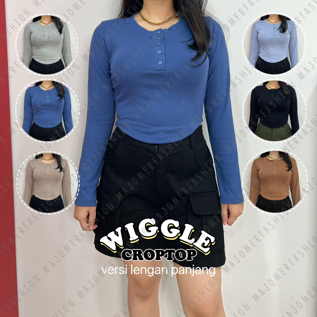 Majomer Wiggle Crop Top Lengan Panjang - Atasan Wanita Kancing Rib Crop